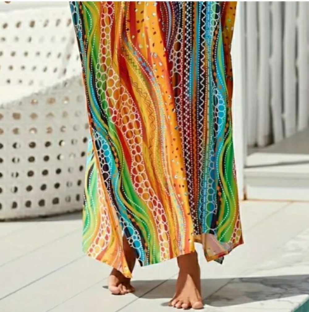 Kaftan Dress Cover Up Swim Maxi Wavy Sunshine 2X Plus Size NEW 🌈 LAST 1 🌞 - Picture 6 of 13